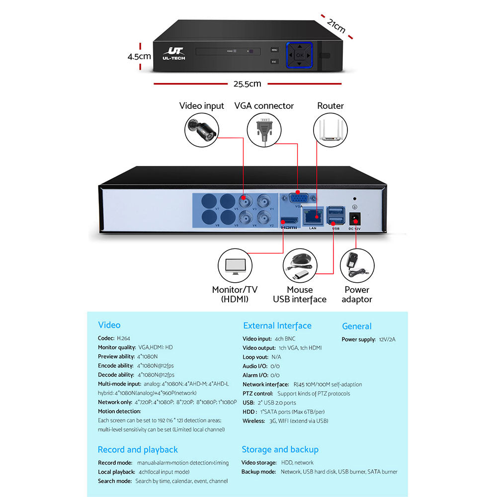 UL-Tech CCTV Security System 4CH DVR 4 Cameras 1TB Hard Drive