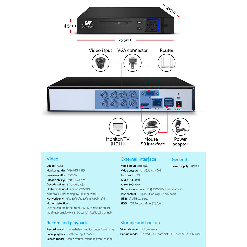 UL-Tech Indoor CCTV Security System 8CH DVR 8 Cameras