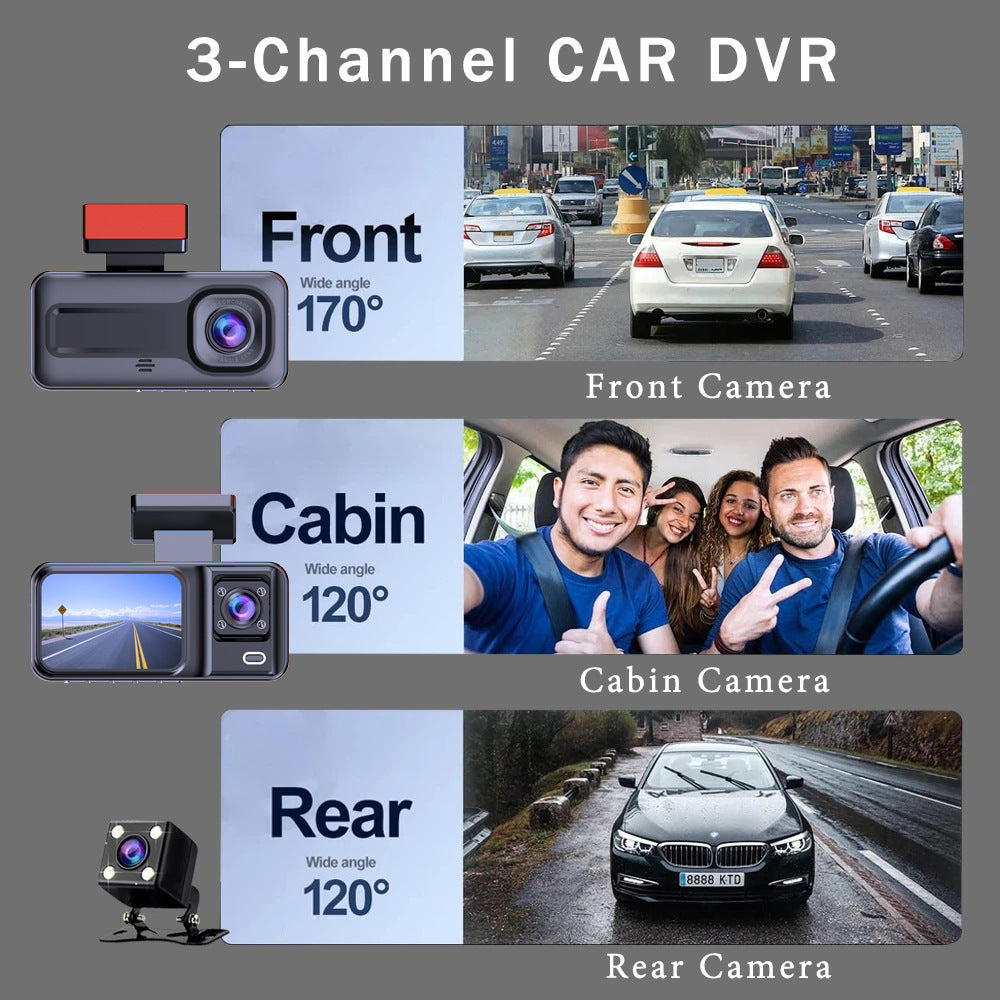 1080P Triple Lens Dash Cam Front, Rear and Cabin