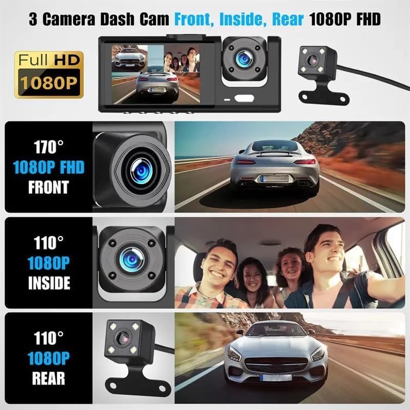 1080P Dash Camera WiFi 3 Way Cams with 32GB Card