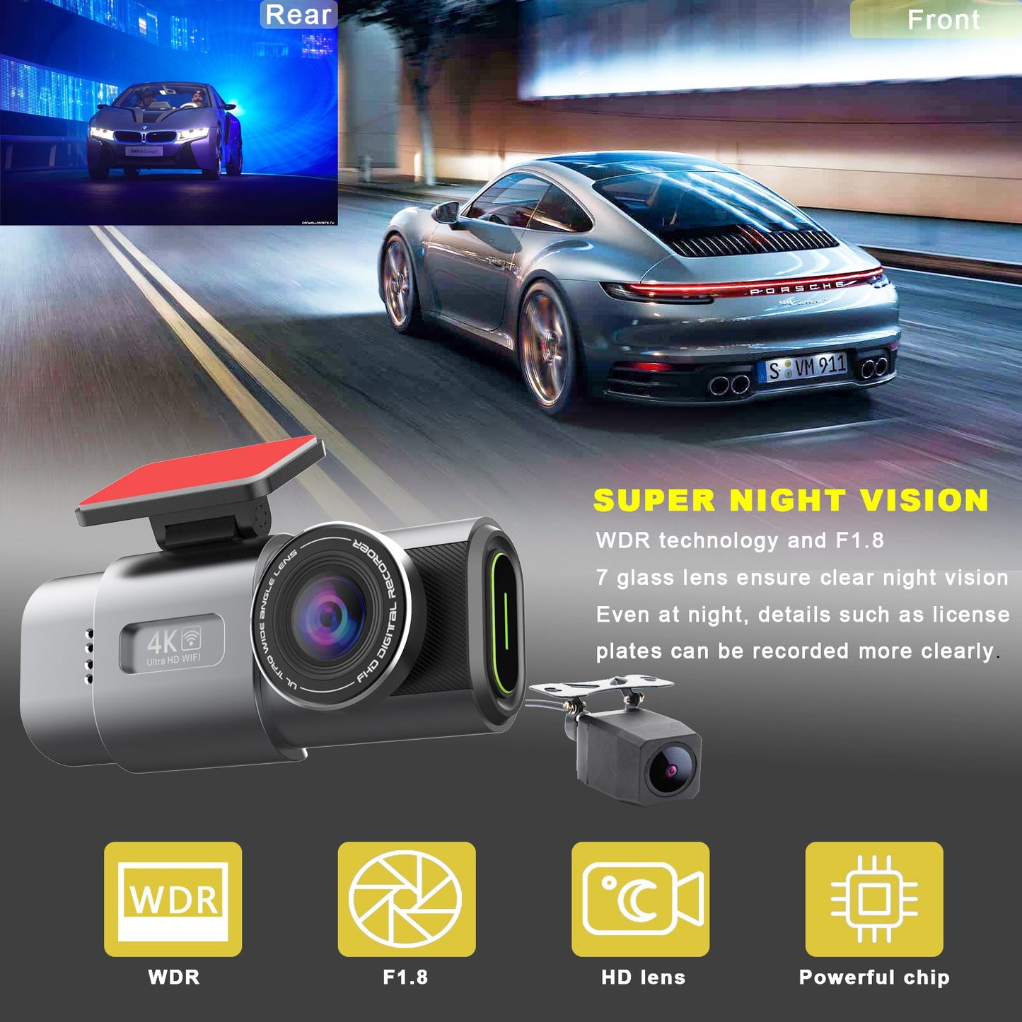 4K Dash Camera 2160P WiFi Night Vision with 64GB Card