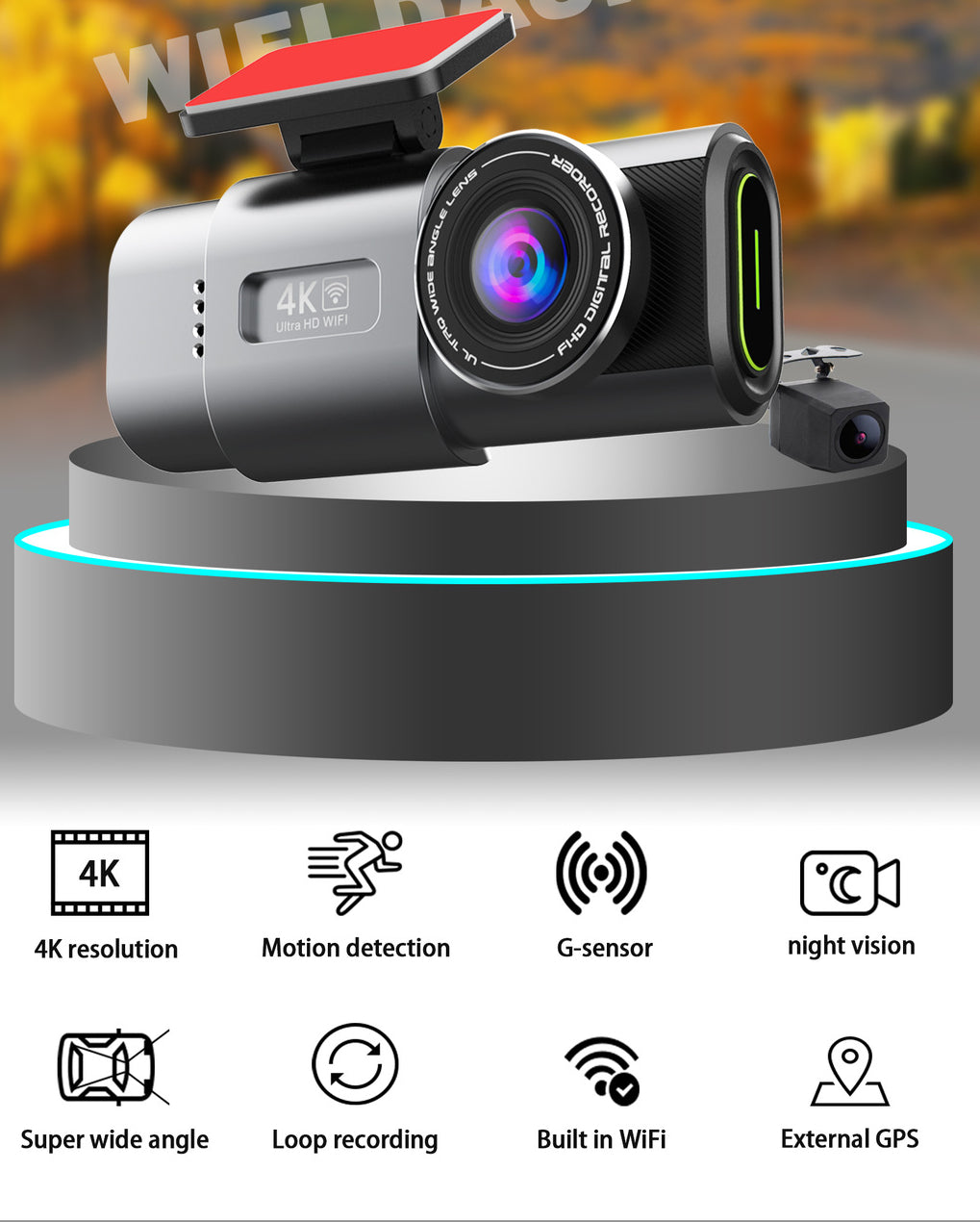 4K Dash Camera 2160P WiFi Night Vision with 64GB Card